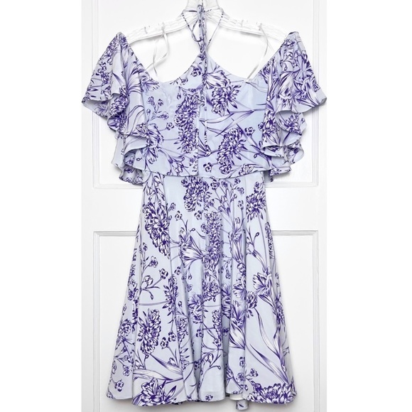 AMANDA UPRICHARD 70s Silk Floral Halter Neck Ruffled Off Shoulder Mini Dress XS - Picture 4 of 8